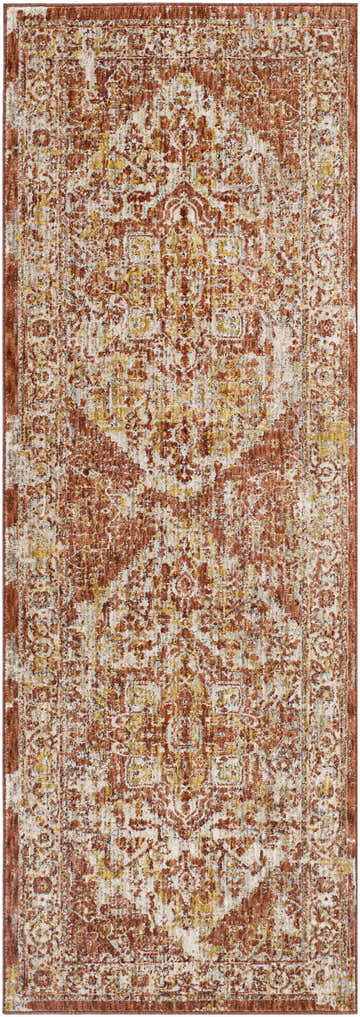 Close-up of the Strathbogie Traditional Red Area Rug, featuring a distressed oriental pattern in brick red, cream, and mustard. Design-Runner-2773