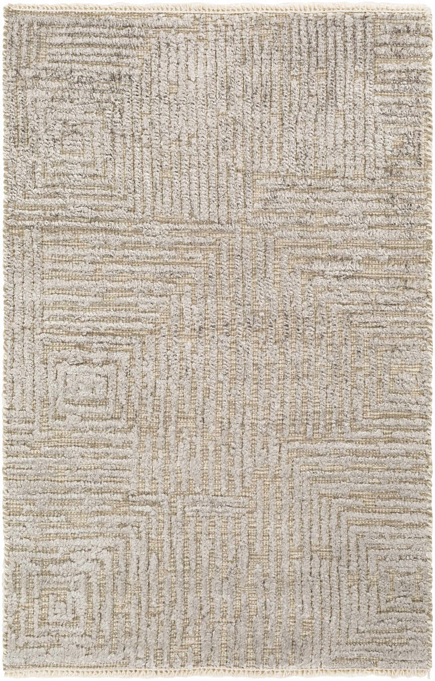 Close-up of the Struie Area Rug. Gray and oatmeal wool rug with a hand-knotted, contemporary geometric pattern. Design-Rectangle-23