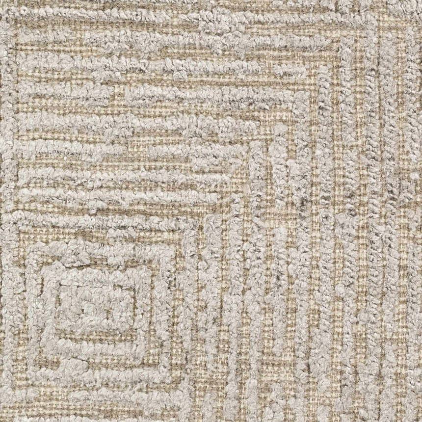 Close-up of the Struie Area Rug showing oatmeal and gray tones, wool texture, and hand-knotted geometric design. Swatch