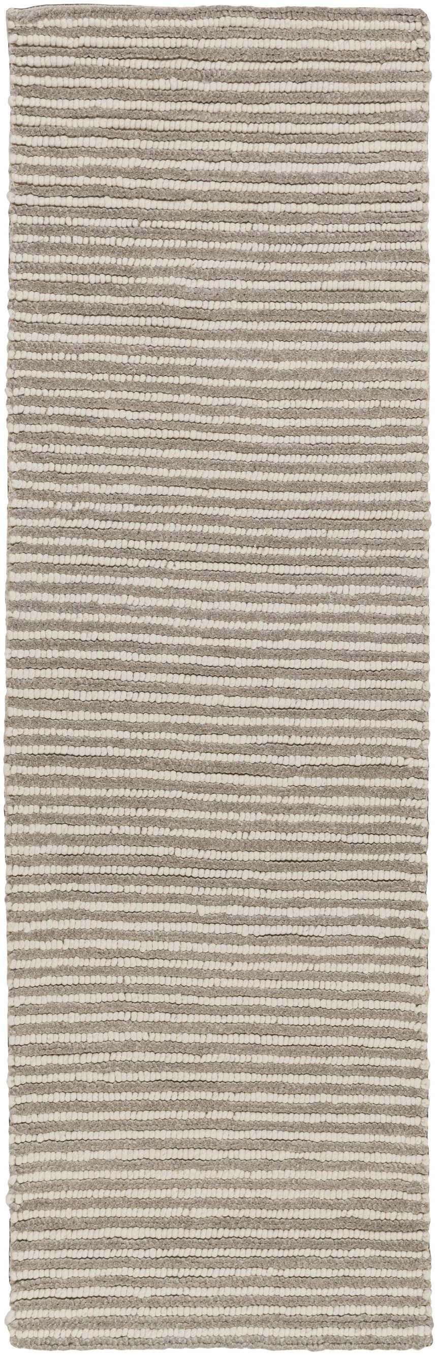 Close-up of the hand woven Sula Area Rug. Cream and gray wool rug with a subtle horizontal stripe pattern. Design-Runner-268