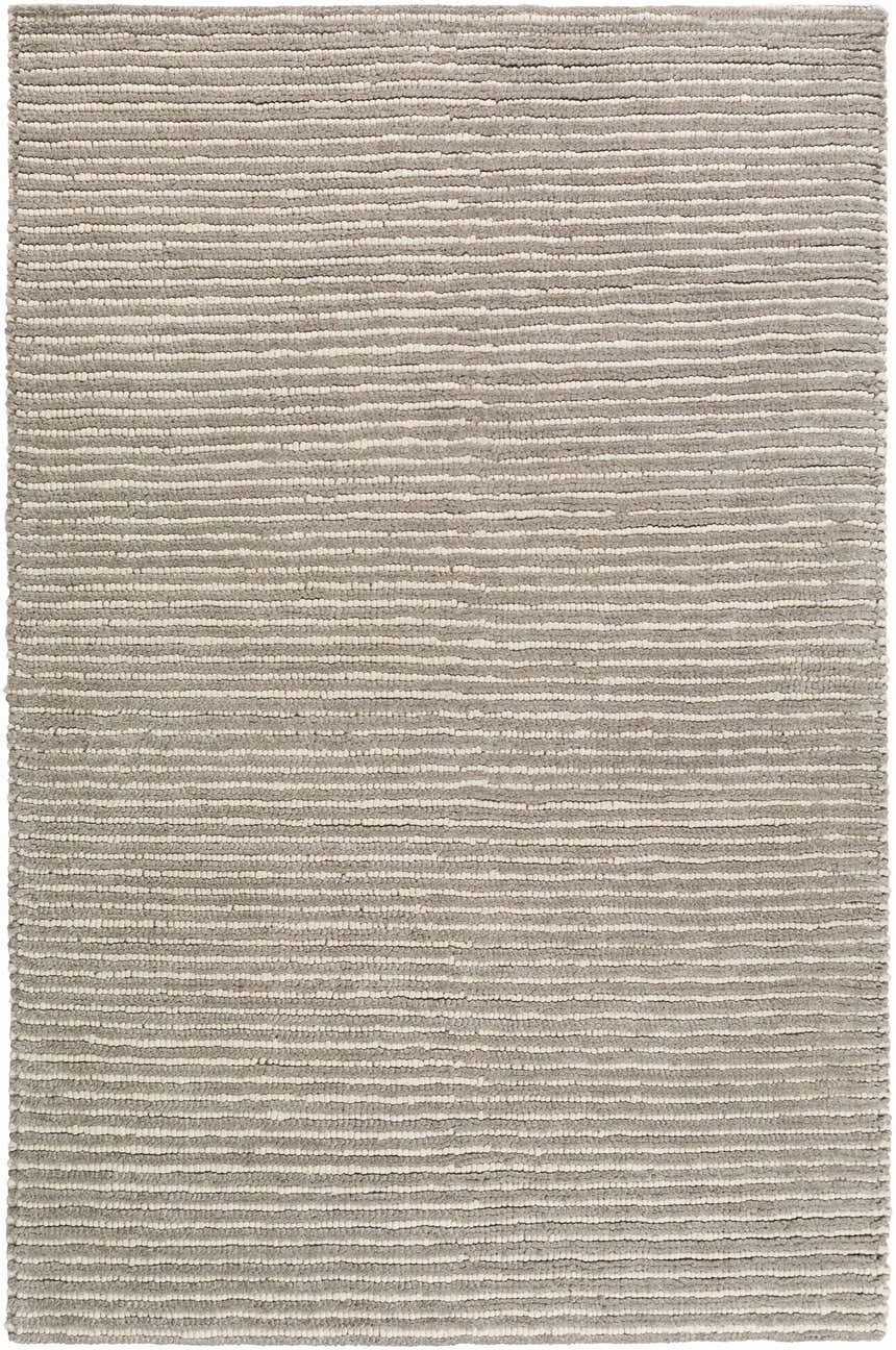 Close-up of the Sula Area Rug. Hand-woven wool rug with cream and gray horizontal stripes. Contemporary, natural fibers. Design-Rectangle-576