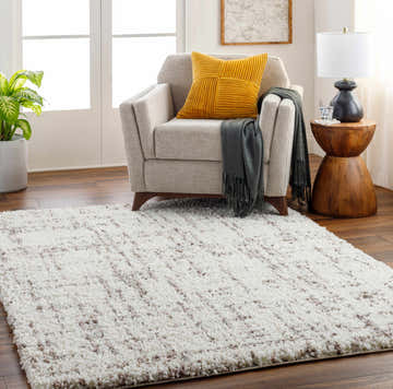Living room scene with a beige armchair, wood side table, and the Asimo Area Rug in cream and brown. Roomscene-Rectangle