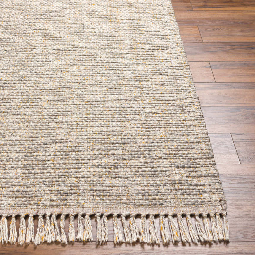 Close-up of the Amiel Beige rug showing its hand woven texture, neutral colors, and fringe detail on a wood floor. Front
