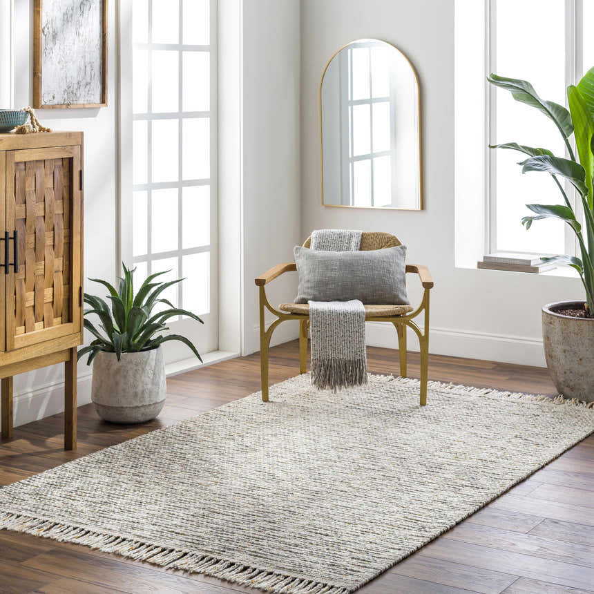 Light-filled room with Amiel Beige Hand Woven Area Rug, wood cabinet, chair with pillow, and plants for a contemporary style. Roomscene-Rectangle