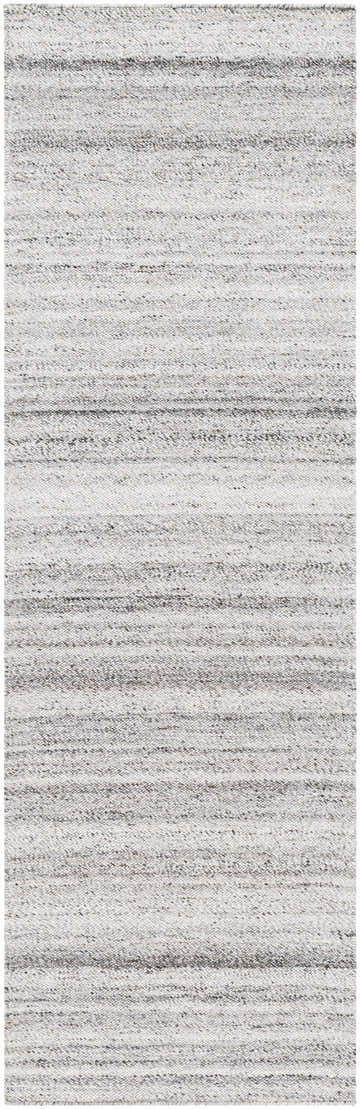 Close-up of the Elke Area Rug, a hand-woven rug in charcoal, gray, and nutmeg hues with a subtle horizontal stripe pattern. Design-Runner-268