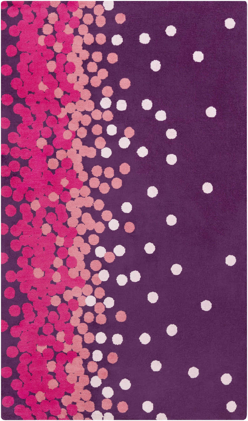 Close-up of the Swartswood Area Rug. Contemporary design with dark pink, fuchsia, lavender, and plum polka dots. Design-Rectangle-58