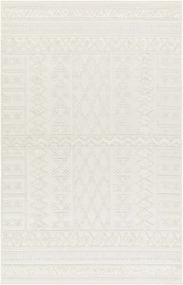 Close-up of the Elese Area Rug in beige. Contemporary style with geometric patterns and subtle texture. Polypropylene, machine woven. Design-Rectangle