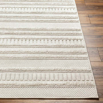 Close-up of the Faris Cream Area Rug showing beige, gray, and cream horizontal stripes and textured details. Front