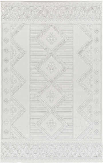 Close-up of the Gabin Area Rug in arctic stone. Contemporary style with geometric diamond pattern and textured details. Design-Rectangle-537