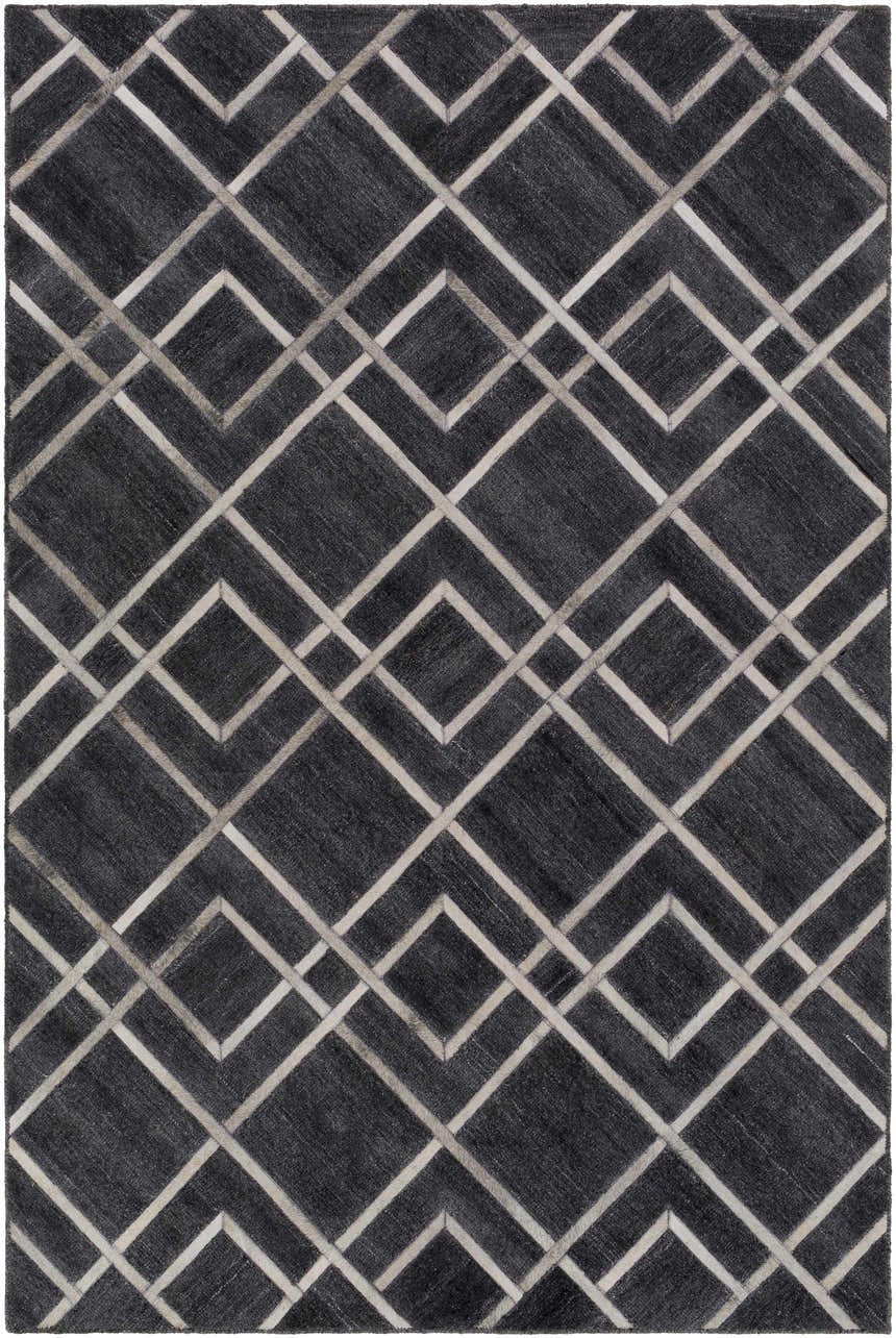 Close-up of the Taclobo Area Rug - Clearance. Black rug with a geometric light gray diamond pattern. Design-Rectangle-576