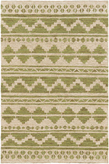 Close-up of the Tallula Jute Rug. Hand-woven rug with a farmhouse style, featuring a geometric pattern in green and beige. Design-Rectangle-58