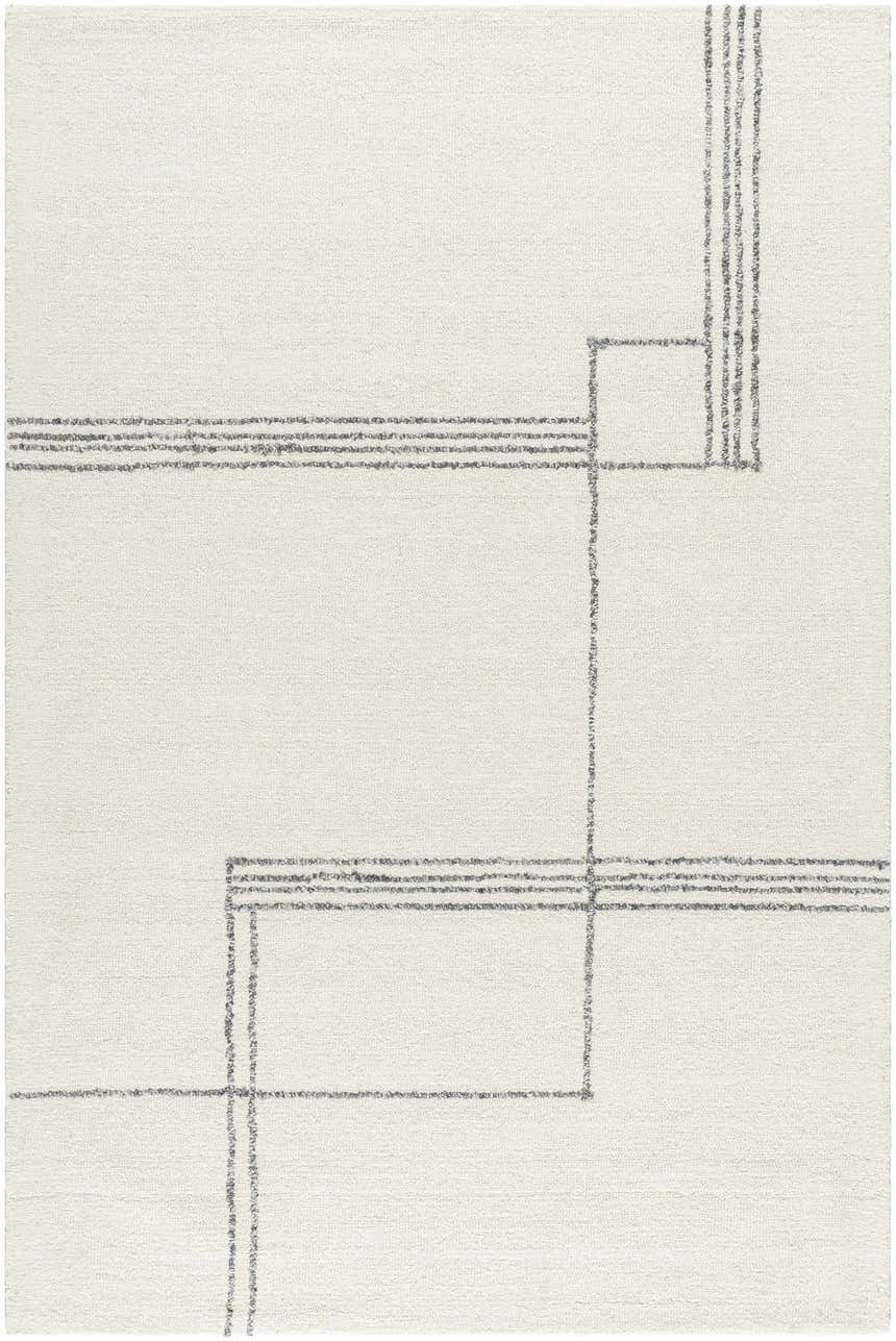 Close-up of the Truma Area Rug, a hand-tufted wool rug in light silver and off-white with a geometric line pattern. Design-Rectangle-576