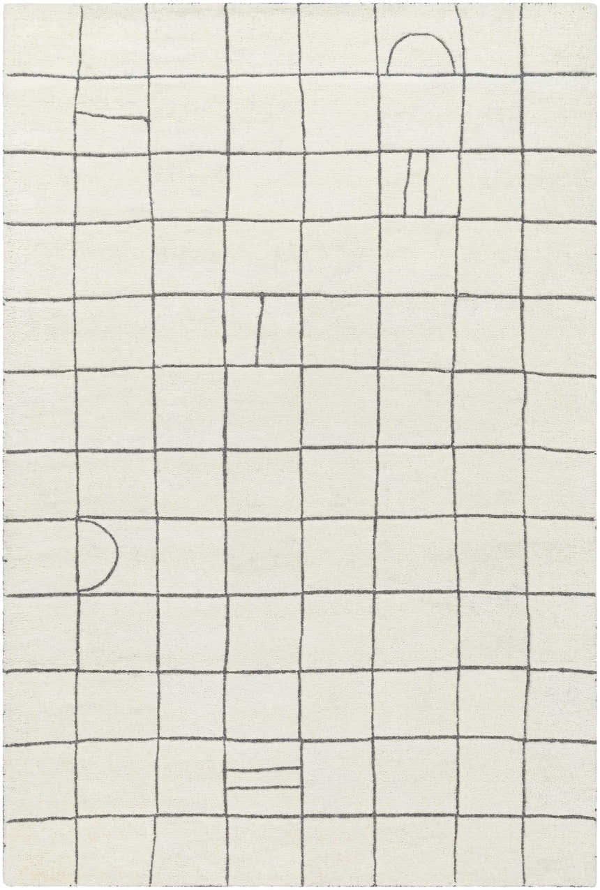 Close-up of the Tanya Pearl White Grid Wool Rug, featuring an off-white base and a gray grid pattern. Design-Rectangle-576