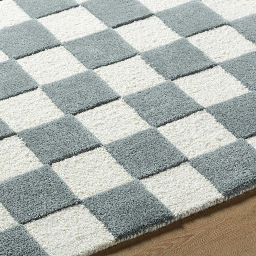 Close-up of the Timin Blue Gray Checkered Area Rug. Cream and gray wool rug with a contemporary checkered pattern. Texture