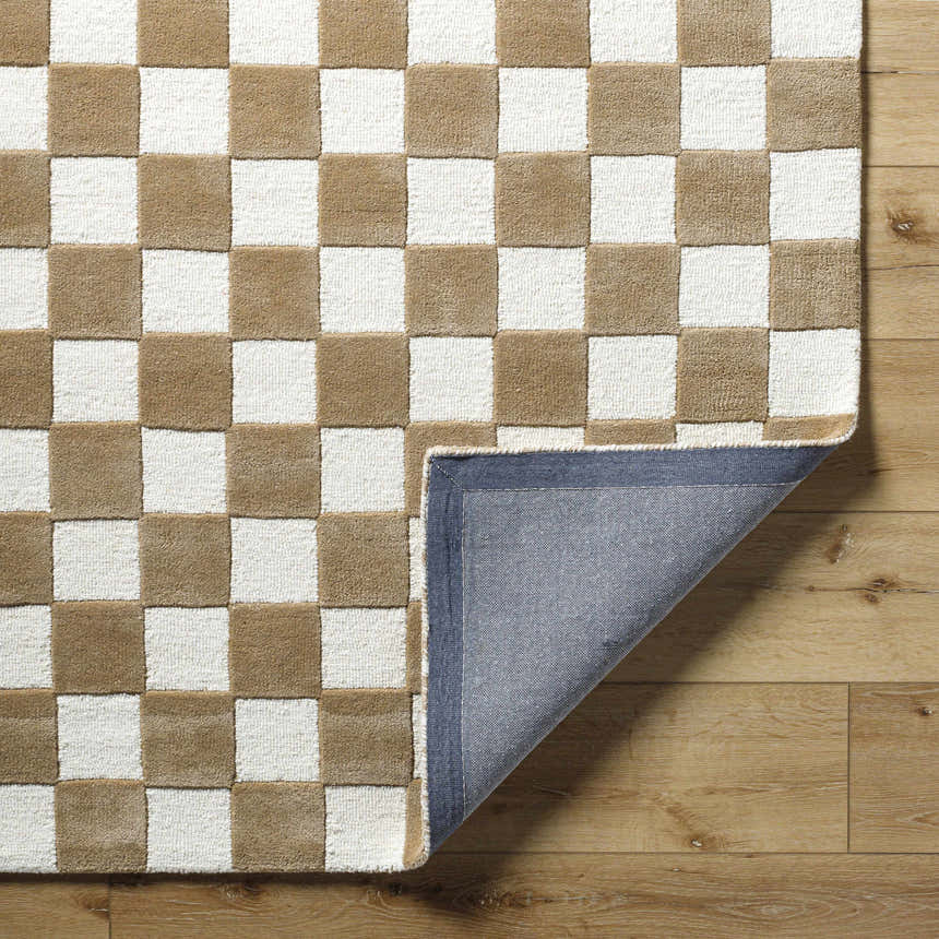Close-up of the Timin Brown Checkered Wool Area Carpet showing cream and brown squares and the rug's backing. Fold
