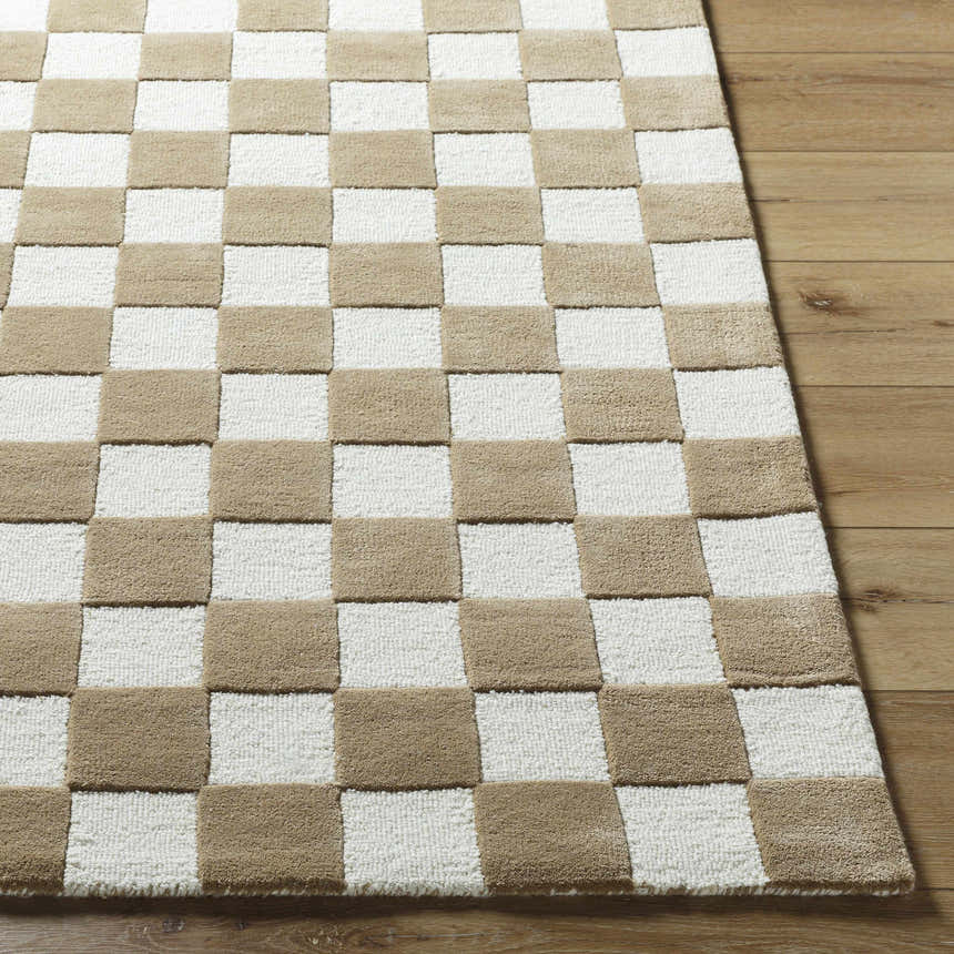 Close-up of the Timin Brown Checkered Wool Area Carpet showing cream and brown squares on a wood floor. Front