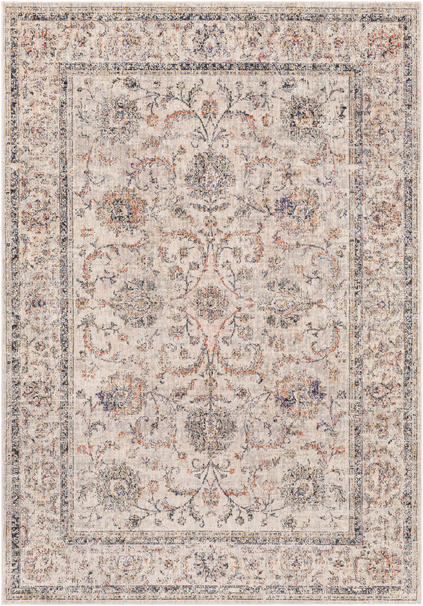 Close-up of the Temelec Area Rug featuring a traditional floral pattern in beige, burnt orange, and charcoal tones. Design-Rectangle-5373