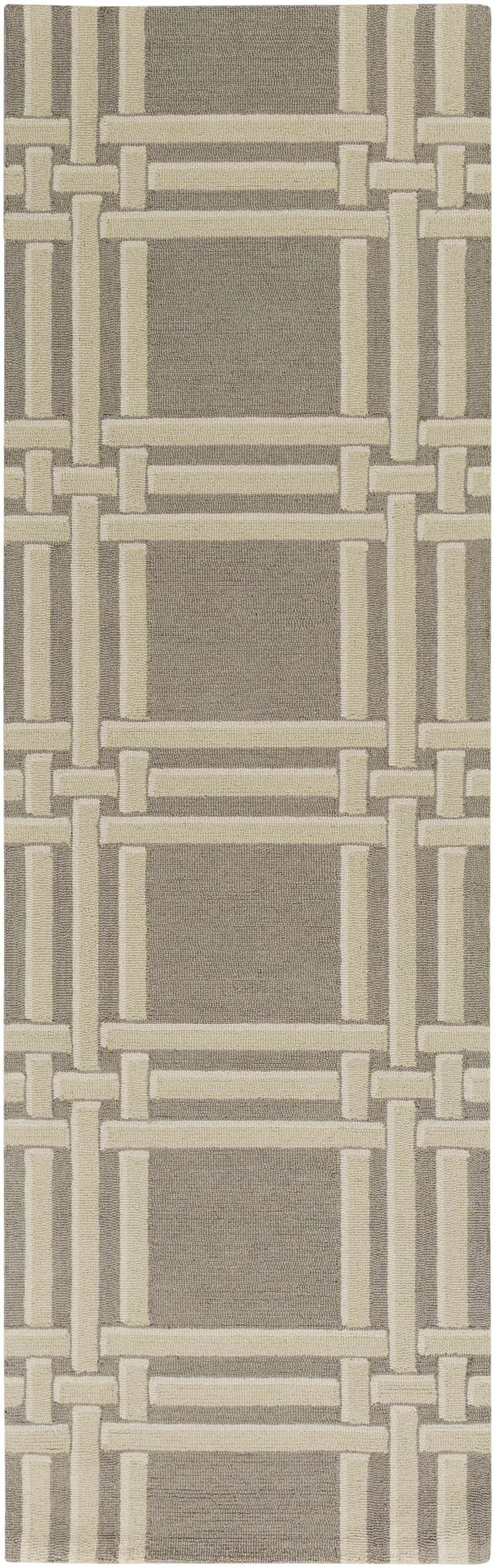 Close-up of the Templeton Area Rug. Gray wool rug with a contemporary ivory and white geometric pattern. Hand-hooked texture. Design-Runner-268