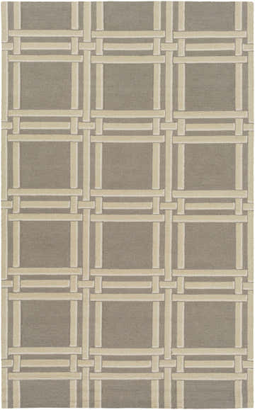 Close-up of the Templeton Area Rug featuring a gray background and an ivory geometric, basketweave pattern. Design-Rectangle-576