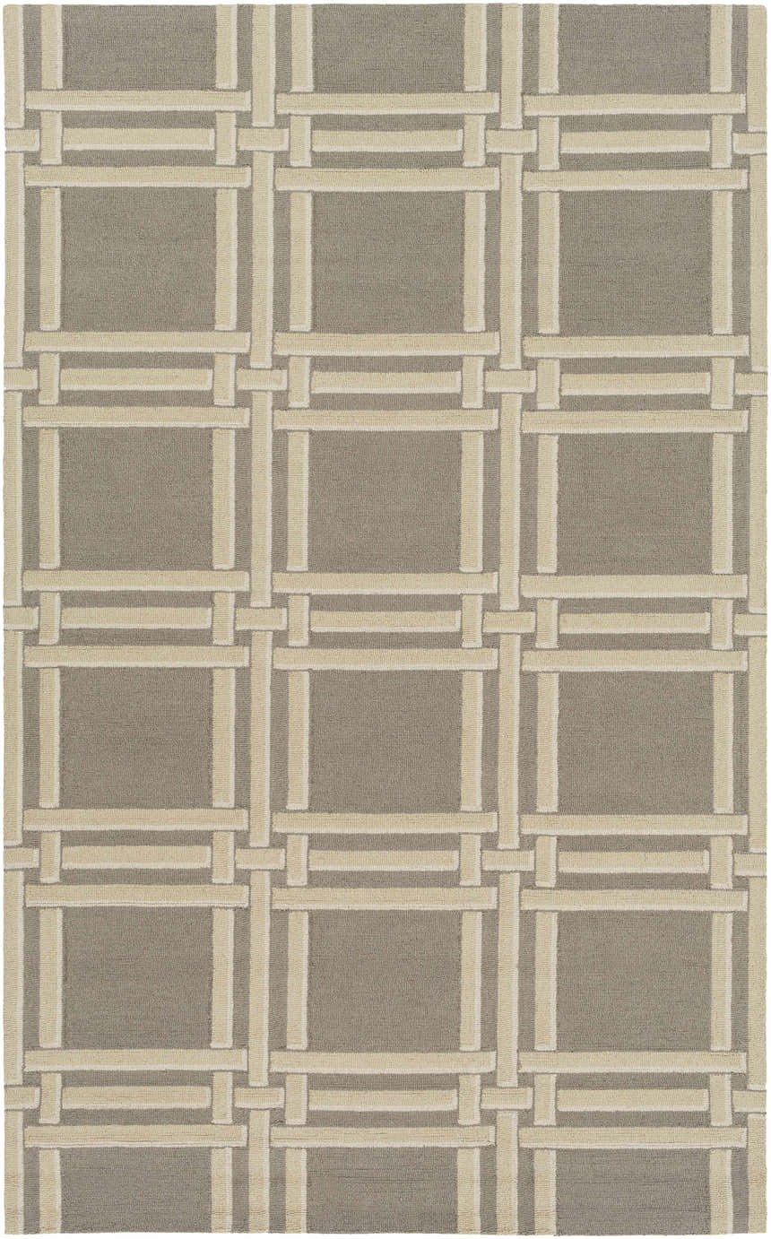 Close-up of the Templeton Area Rug featuring a gray background and an ivory geometric, basketweave pattern. Design-Rectangle-576