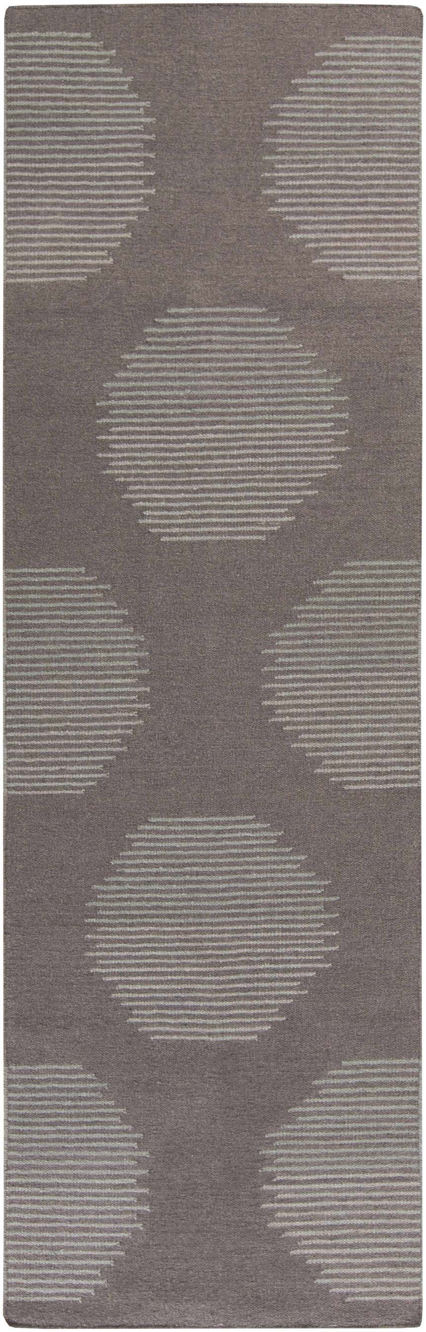 Close-up of the Tensed Area Rug. Charcoal wool rug with a contemporary, striped oval pattern. Hand woven texture. Design-Runner-268