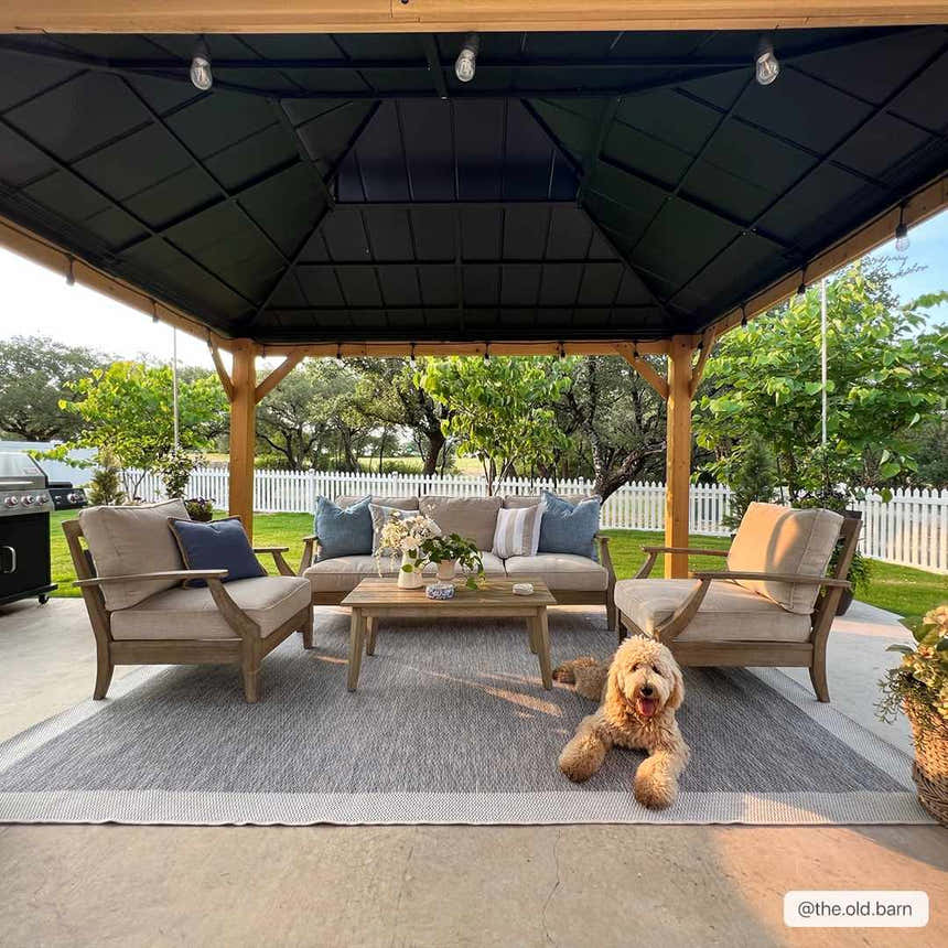Outdoor patio scene with the blue and cream Wishon Area Rug under a gazebo with a dog lying on it. Roomscene-Rectangle