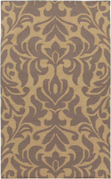 Close-up of the Thorndale Area Rug. Dark brown damask pattern on a dark red wool, hand woven rug. Design-Rectangle-58