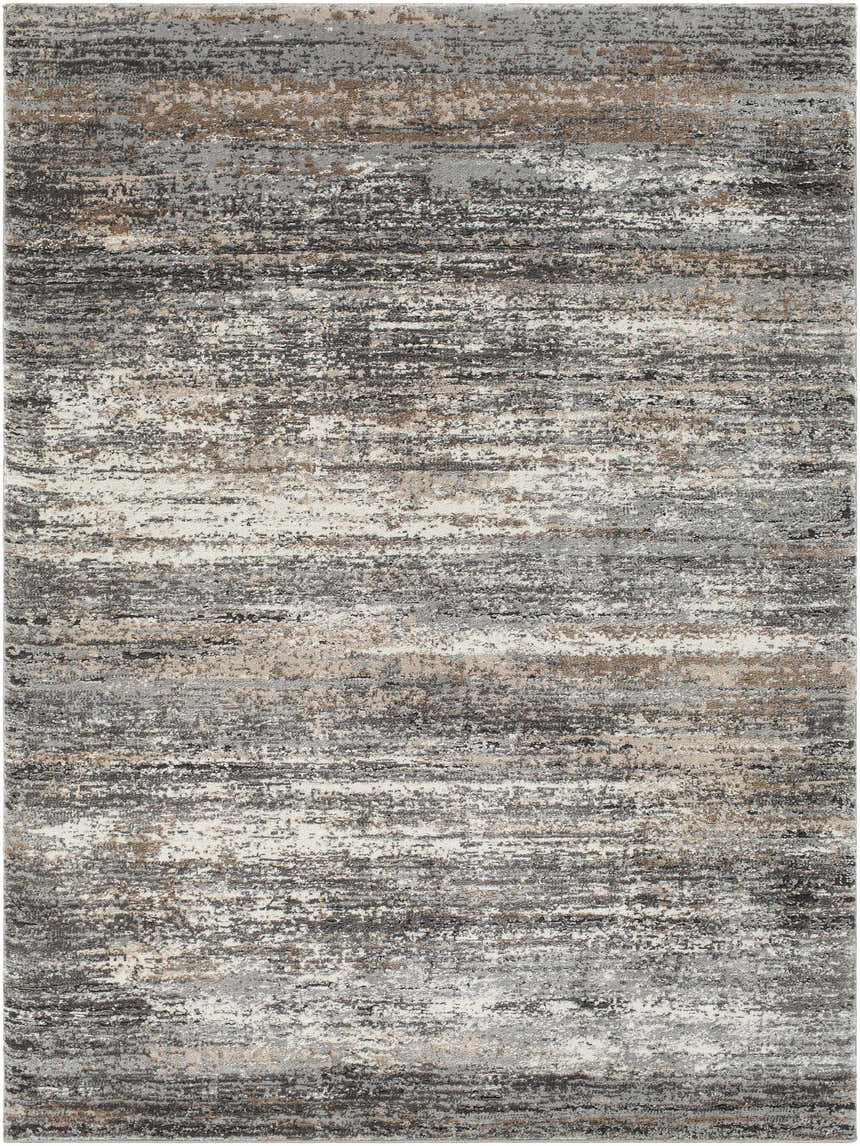Close-up of the Tigaon Luxe Thick Area Rug. Contemporary design with black, brown, cream, gray, and tan hues. Design-Rectangle-537