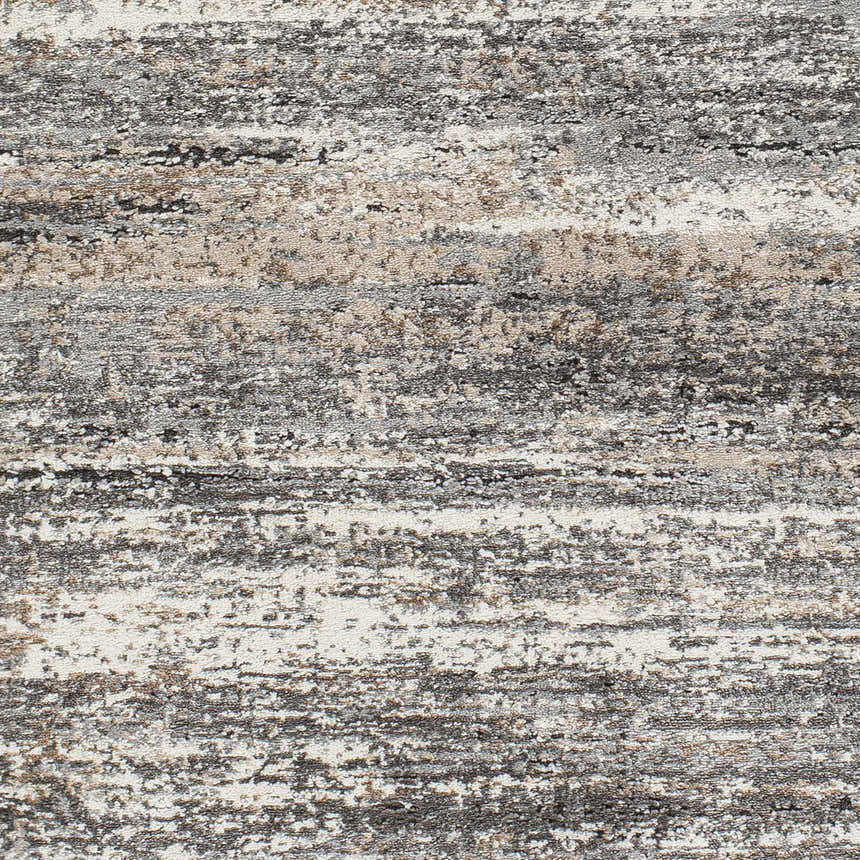 Close-up of Tigaon Luxe Thick Area Rug showing its textured, contemporary design in black, brown, cream, and gray. Swatch