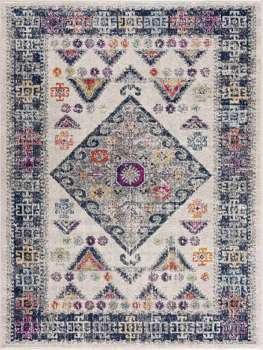 Close-up of Tigriv Ivory 2312 Area Rug. Bohemian style rug with ivory background and gray, navy, and orange geometric patterns. Design-Rectangle-2312