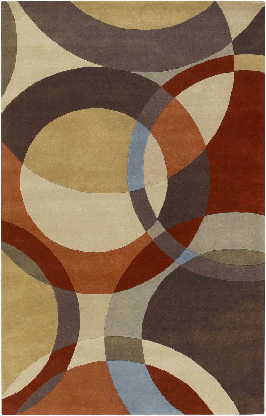 Close-up of the Tilbury Modern rug showing its geometric pattern and colors: brick red, brown, tan, and gray. Design-Rectangle-58