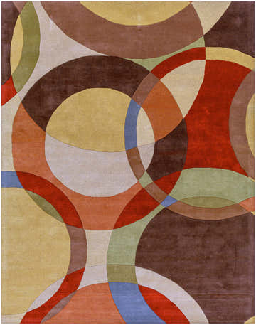 Close-up of the Tilbury Modern Hand Tufted Wool Rug with geometric circles in brick red, brown, tan, olive, and blue. Design-Rectangle-7696