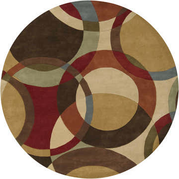 Round Tilbury Modern Hand Tufted Wool Rug with a geometric pattern in brick red, brown, tan, olive, and gray. Design-Round-8