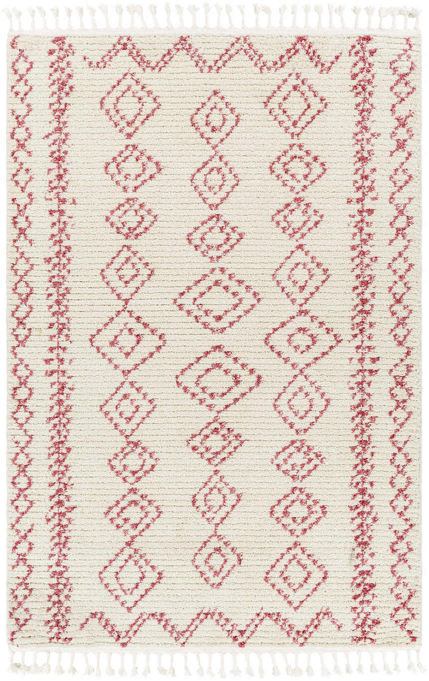 Close-up of the Tinawagan Area Rug. Cream rug with red diamond and geometric pattern and tassels. Farmhouse style. Design-Rectangle-537