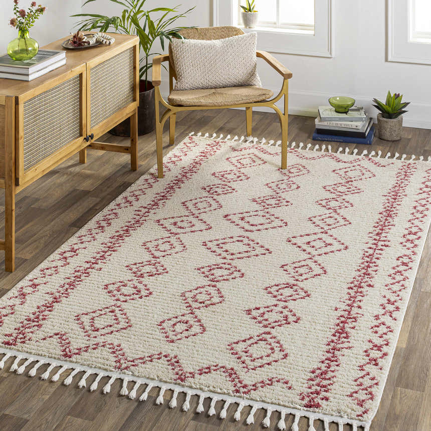 Living room scene with a Tinawagan Area Rug. Farmhouse style with red geometric pattern, tassels, wood floors, and natural light. Roomscene-Rectangle