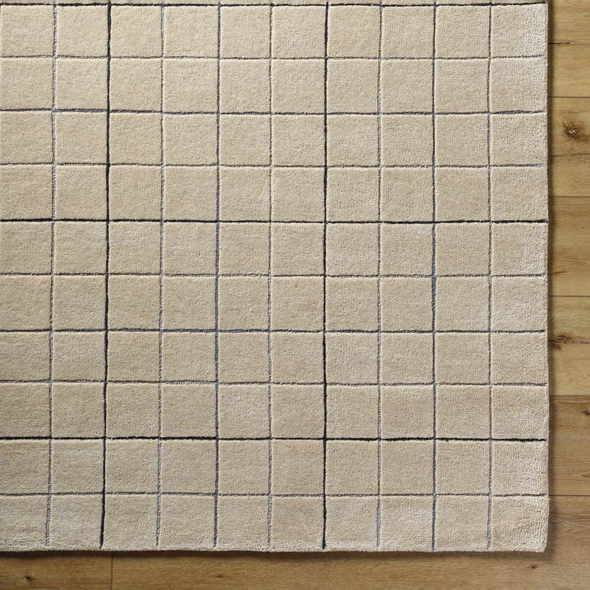 Close-up of the Toshi Beige Area Rug. Hand-tufted wool rug with a contemporary square grid pattern in tan, gray, and black. Corner