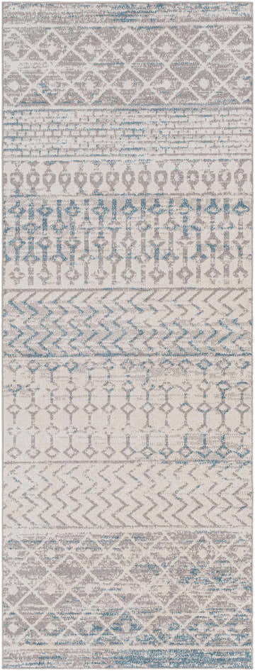 Close-up of Tambac Washable Area Rug. Contemporary design with blue, gray, and light gray geometric patterns. Soft texture. Design-Runner-2773