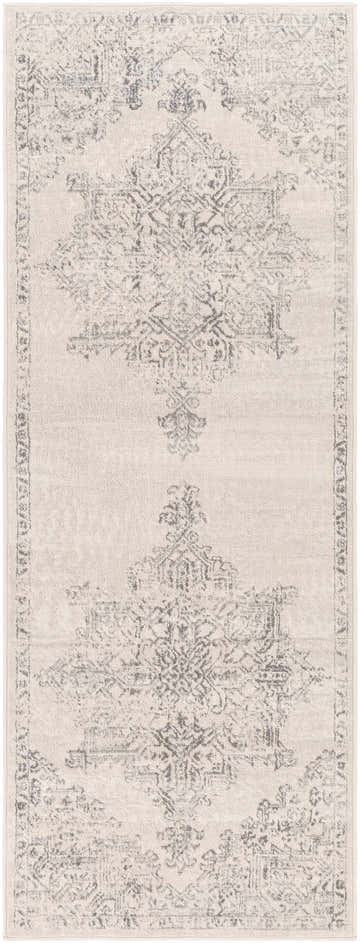 Close-up of the Tamarama Area Rug showing its light gray and charcoal traditional, oriental-inspired design. Design-Runner-2773