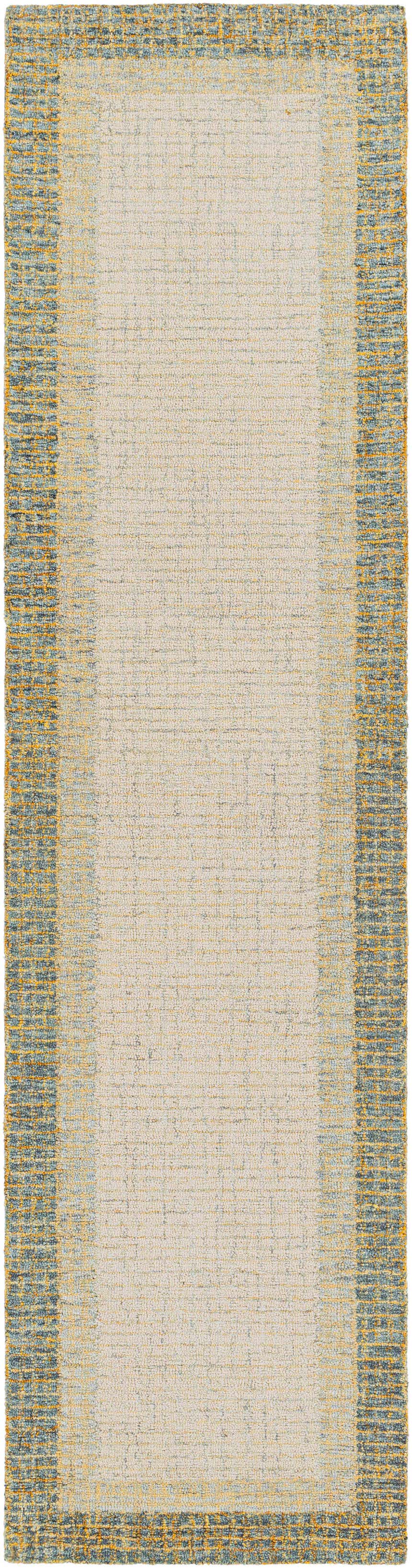 Close-up of the Tandayag Area Rug. Cream rug with a dusty sage and light beige striped border. 100% wool, hand-tufted texture. Design-Runner-2610
