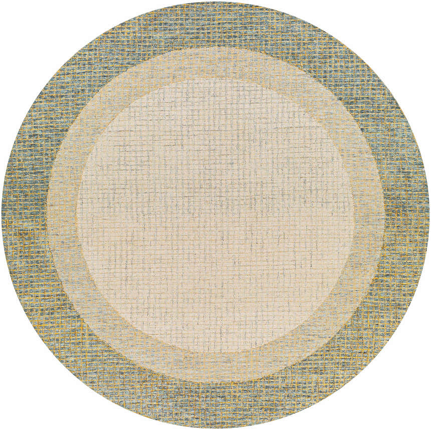 Close-up of round Tandayag Area Rug. Cream center, light beige ring, and dusty sage outer ring with subtle striped pattern. Design-Round-8