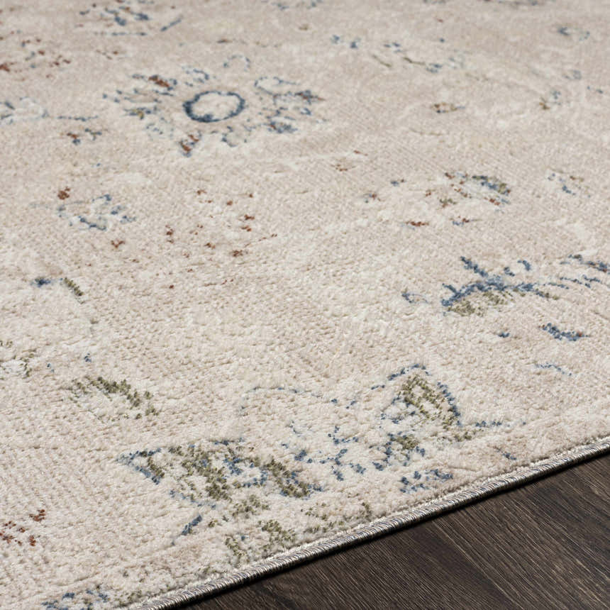 Close-up of the Tinampo Area Rug showing its cream, blue, and olive bohemian pattern and soft, textured weave. Texture