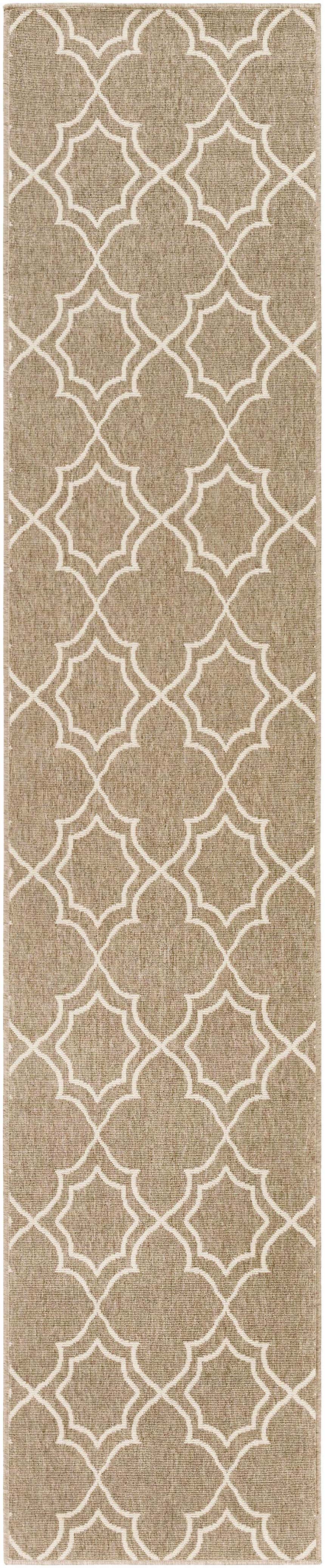 Close-up of the Toledo Area Rug. Beige and light brown olefin rug with a geometric, quatrefoil pattern. Design-Runner-23119