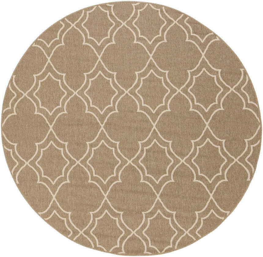 Round Toledo Area Rug - Clearance, featuring a light beige geometric pattern on a brown olefin weave. Design-Round-73