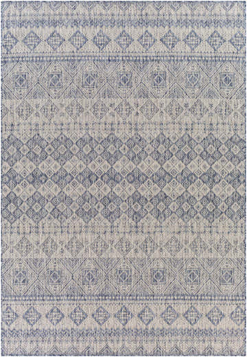 Close-up of the Ramon Gray & Blue Area Rug showing its woven texture and geometric diamond pattern in blue, gray, and off-white. Design-Rectangle-537