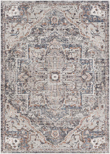 Close-up of Tongala Indoor & Outdoor Rug. Machine-woven rug with beige, black, blue, and brick red oriental-inspired pattern. Design-Rectangle-537
