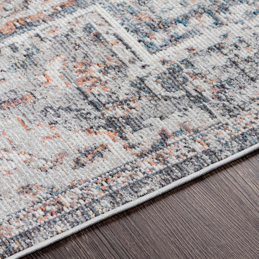 Close-up of the Tongala Indoor Outdoor Rug. Features beige, blue, and brick red hues in a traditional pattern. Texture