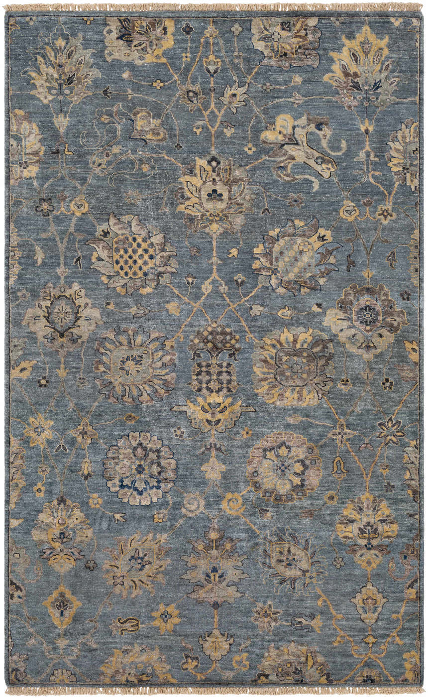 Close-up of the Toquerville Premium Rug. Aqua rug with a traditional floral pattern in charcoal, oatmeal, and wheat tones. Design-Rectangle-58