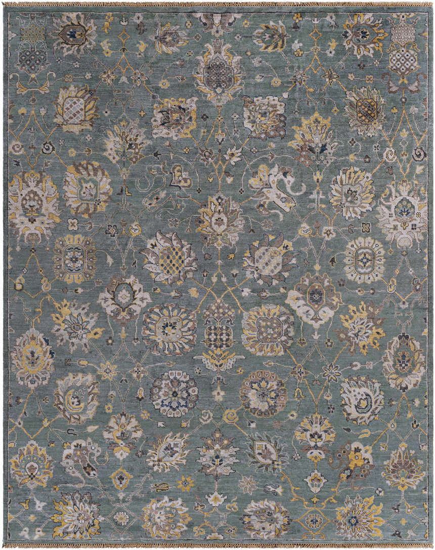 Detailed view of the Toquerville Premium Rug, aqua with charcoal, oatmeal, and wheat floral pattern. Hand-knotted viscose rug. Design-Rectangle-810