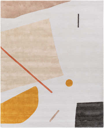 Close-up of the Townview Wool Area Rug. Geometric design in black, mustard, tan, and brick red on a light gray background. Design-Rectangle-810