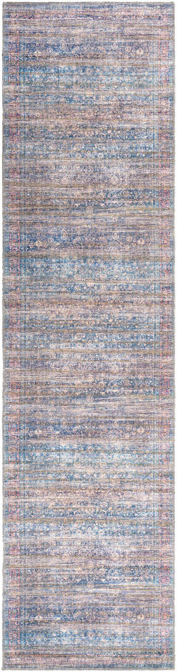 Troupsburg Washable Area Rug in blue, light pink, and tan. Contemporary style with oriental rug pattern. Chenille-polyester texture. Design-Runner-2710